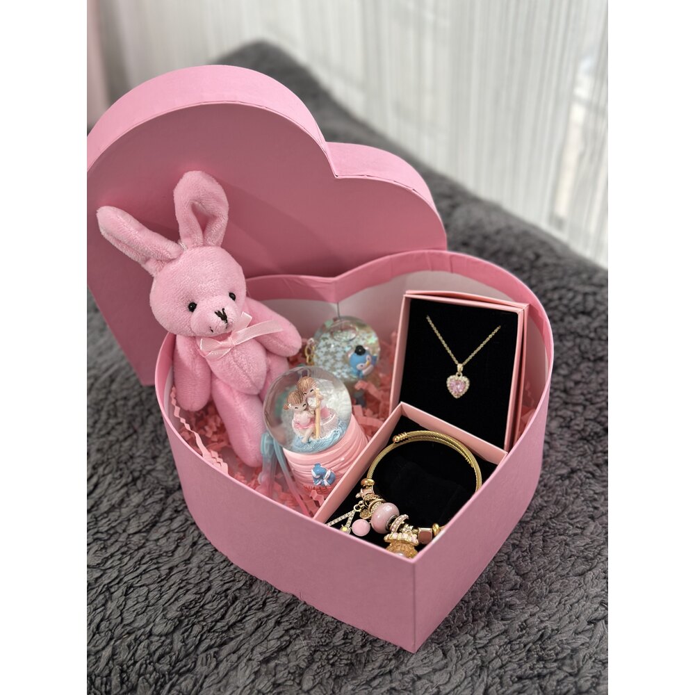 Pembe Tavşanlı Kolyeli ve Bileklikli Sevgi Kutusu