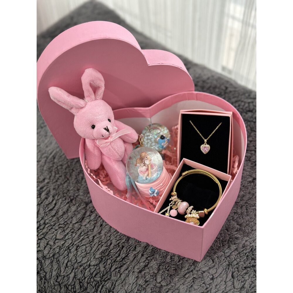 Pembe Tavşanlı Kolyeli ve Bileklikli Sevgi Kutusu